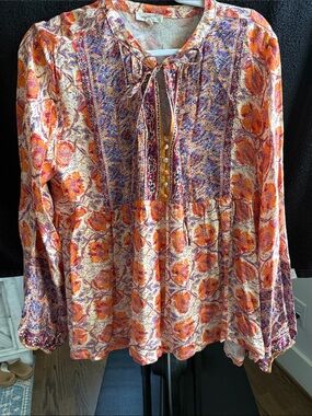 Mystree Floral Tie-Neck Tunic in Cream, Orange & Purple